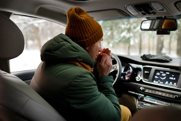 řidič auta sedící v kabině a zahřívající si ruce v zimě